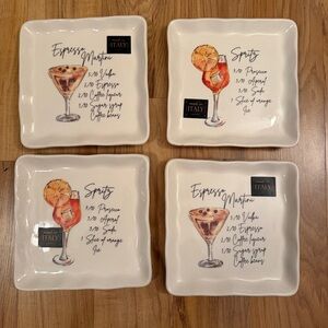 Set Of 4 New Ceramic Cuore Drink Themed Appetizer Plates w/Recipes Made In Italy